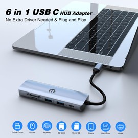 6 in 1 USB C Hub, Tymyp 4K HDMI, 100W PD, 3 x USB 3.0, SD/TF Card Reader for Laptops and Smartphones, Compatible for USB C Laptops Dell/HP/Surface and More
