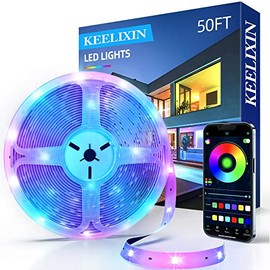 KEELIXIN 50ft LED Strip Lights,Led Lights for Bedroom,LED Light Strip,LED Lights Sync with Music,RGB LED Strip Lights with IR Remote & Bluetooth APP Control,Luces Led para Cuarto,LED Lights for Room