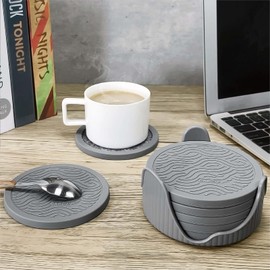 Silicone Coasters 6 Pack Coasters with Deep Tray Holder - 2 Sided Drinking Coasters - Cup Mat for Drinks - Live for Hot or Cold Drink Thickened, Non-Slip, Non-stick, Silicone and Felt Insert Absorbent