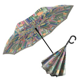 RainCaper Frank Lloyd Wright Reverse Inverted Windproof Reverse Opening Upside Down Umbrella with C-shaped Handsfree Handle (FLW Saguaro Forms)
