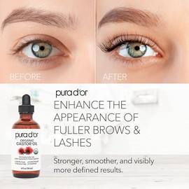 PURA D'OR Ecokiwi PURA D'OR Organic Castor Oil (4oz) 100% Pure Natural USDA Organic: Conceal Thin, Reveal Fuller Eyebrows, Thicker Eyelashes, Hair Growth: Cold Pressed Hexane Free-Moisturize Dry Skin w/Bonus Brush Kit