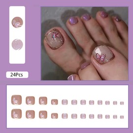 24 Pcs Cat Eye Toe Nails Press on Toes Nails Short French Fake Toenails Spring Summer Glue on Toenails for Women with Butterfly Designs Glitter Acrylic Toenails Full Cover Stick on Toenails for Women