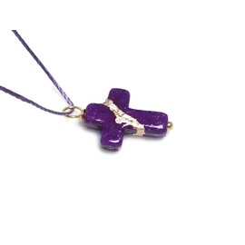 Kintsugi Petite Cross Purple Howlite, Broken, Mended with 23k Gold, Cord Necklace
