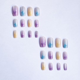 Square Press on Nails Medium Fake Nails Butterfly Flash Designs Nails Cute False Nails Stick on Nails for Women Girls Manicure Decorations (Style-31, 24 Pcs)