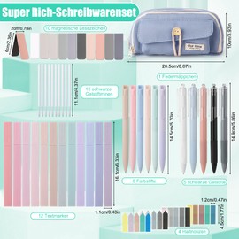 Pack of 48 School Supplies Aesthetic Bundle, 6 Coloured Gel Pens, 5 Gel Pens, 10 Refills, 12 Pastel Highlighters, 10 Bookmarks, 4 Notes & 1 Pencil Case, Minimalist Design for School, Blue