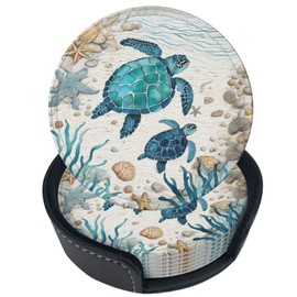 Aicreat 6 Pcs Sea Turtle Mother Baby Starfish Leather Coasters for Drinks with Holder Coaster Sets Drink Table Cup Coasters for Living Room Kitchen Coffee Car Decor