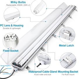 LAMPSERO 4FT Vapor Tight LED Light Fixture 4200LM 48W, 6500K Bright White IP65 Waterproof for Warehosue, Factory, Workshop, Garage, Car Wash，Indoor/Outdoor Ceiling Lights (4-Pack)