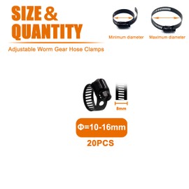 ISPINNER 20pcs Stainless Steel Adjustable 10-16mm Size Range Worm Gear Hose Clamp, Fuel Line Clamp for Plumbing, Automotive and Mechanical Application (Black)