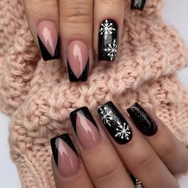 SINHOT Christmas Press on Nails Medium Coffin Fake Nails Glossy Glue on Nails Frecnh Tip Acrylic Nails Ballerina Snowflake Arificial Nails Black False Nails with Design 24 pcs