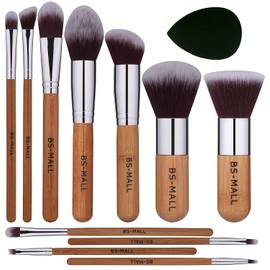 BS-MALL Makeup Brush Set 11Pcs Bamboo Synthetic Kabuki Brush Set Foundation Powder Blending Concealer Eye shadows Blush Cosmetics Brushes with Organizer Bag & Makeup Sponge