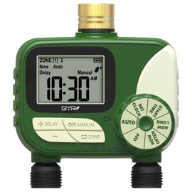 GMR Irrigation Computer with Brass Inlet, Garden Hose Irrigation Control, Watering Timer with Rain Delay/Manual/Automatic, Garden Irrigation System, 2 Outlets