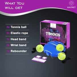 NAZRET Tennis Trainer Rebounder Set – Solo Tennis Trainer Practice Equipment with a Headband, Wristbands, Drawstring Bag, 3Balls, 3Ropes & 1 Base – Solo Tennis Trainer.