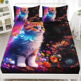 XYNHML Cartoon Kawaii Cat Fitted Sheet Set 3Pcs 3D Animals Flower Toddler Quilt Bed Sheets Twin Cat Lovers Animal Bubble Design Bedding Set for Boys Teens Adult Includes 1 Fitted Sheet,2 Pillowcases