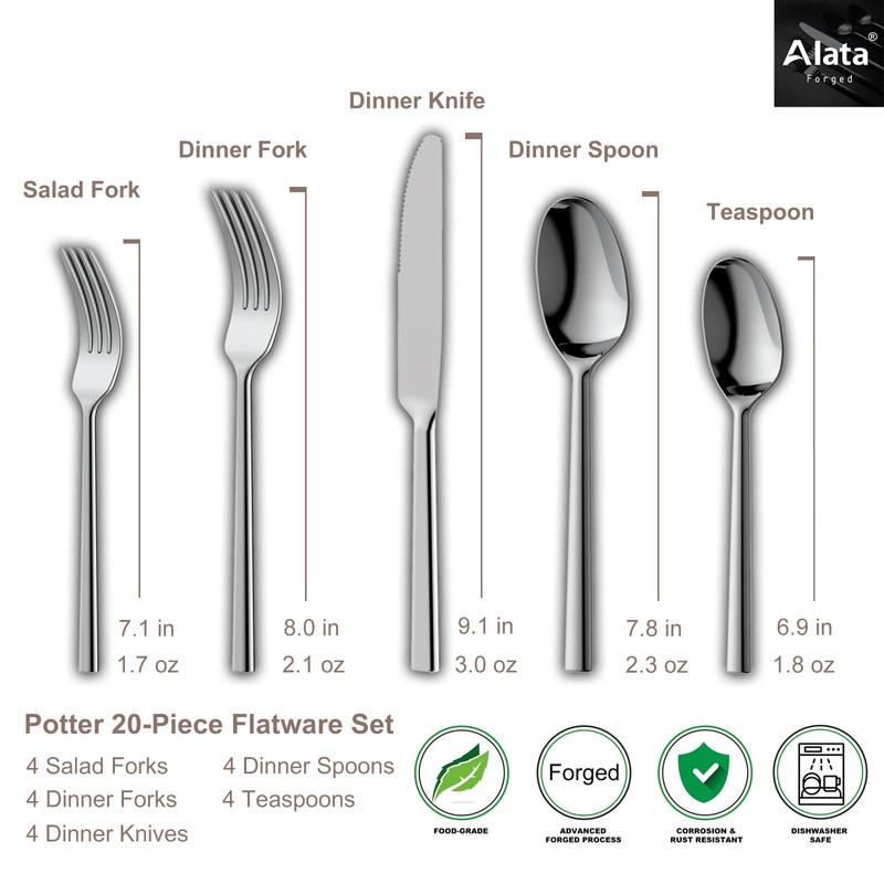 Alata Potter 20-Piece Forged Silverware Set Stainless Steel Flatware Set