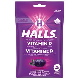 HALLS Vitamin D Elderberry Flavour Supplement Drop Lozenges, Throat Lozenges, Pack of 25 Lozenges