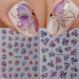 2Pcs Flower Nail Art Stickers 5D Embossed Floral Nail Decals Spring Flower Nail Stickers Golden Edge Purple Flowers Spring Summer Luxury Nail Supplies Cute Nail Accessories for Women Nail Decoration