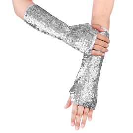 TINAYAUE Women Fashion Sequin Gloves Soft Sequin Cuffs Glitter Fingerless Gloves Elasticity Half Finger Gloves with Sequins for Role Play, Party, Opera Performance, silver