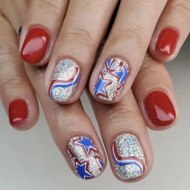 24PCS 4th of July Short Square Press On Nails Independence Day Fake Nails 4th of July Nails Press on False Nails with Star Stripe Design Red Silver Glitter Acrylic Full Cover Glue on Nails for Women
