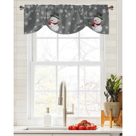 Merry Christmas Tie Up Valance for Kitchen,Winter Falling Snowflake and Snowman Rod Pocket Short Curtains Adjustable Window Valances,Grey Valance Curtain for Bedroom,Bathroom 42x12in
