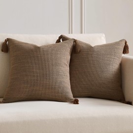 Meekio Set of 2 Mocha Pillow Covers 18 x 18 inches Textured Decorative Throw Pillow Covers with Tassels for Home Decor
