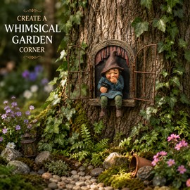 Tree Gnome Decoration for Garden Décor – Whimsical Window Elf Accent for Trees, Yards, Patios & Outdoor Spaces