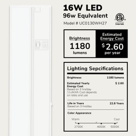 LAGOM 30" Direct Wire Dimmable LED Under Cabinet Lights, Selectable 2700K/4000K/5000K, Selectable Brightness, White Finish, UC0130WH27