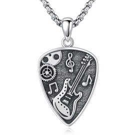 YueYuan Guitar Pick Necklace 925 Sterling Silver Guitar Plectrum Pendant Music Note Necklace Music Jewelry Musicians Gift for Men Women Guitar Lovers