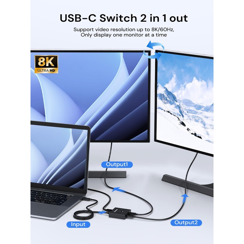 Dockteck USB C Switch, Bi-Directional Switcher 1 in 2 Out/2