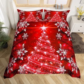 Loussiesd Girls Christmas Tree Duvet Cover Red Xmas Theme Bedding Set Chic Winter Snowflake Comforter Cover for Girls Daughter Bedroom Decor Girly Glitter Bedspread Cover Single Size 2Pcs