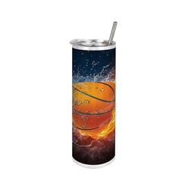 Lunarable Sports 20 Oz Skinny Tumbler, Basketball Ball and Water Splashing Thunder Lightning Themed Design, Leak-Proof Straw Lid and Brush Vacuum Insulated for Outdoor Use, Dark Blue and Burgundy