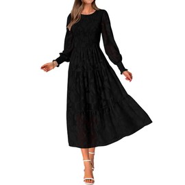 BTFBM Casual Women's 2025 Spring Dresses Elegant Wedding Guest Dress Long Sleeve Floral Midi Dress Flowy Bohemian Long Dress(Black,X-Large)
