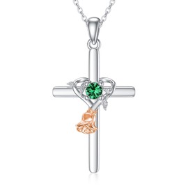OCJ Emerald Cross Necklace 925 Sterling Silver Rose Flower Heart Cross Pendant Necklace with May Birthstone Jewelry Anniversary Birthday Gifts for Women Wife Mom Her Daughter Ideas