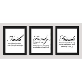 Faith Family Friends Wall Art Prints Set of 3 - Unframed - Home Room Inspirational Wall Decor