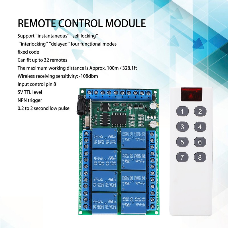 Remote Control Module 8 Channels 433.92MHz Multifunctional 100m Fixed Encoding