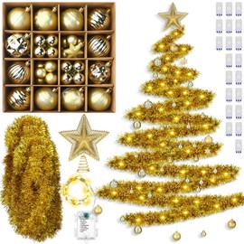 Realspring 65 Pcs DIY Wall Hanging Christmas Tree with Lights Wall Mounted Christmas Tree Include 33ft LED Lights Tinsel Garland Balls Ornaments Stars Topper Hooks for Xmas Home Decor(Gold,Classic)
