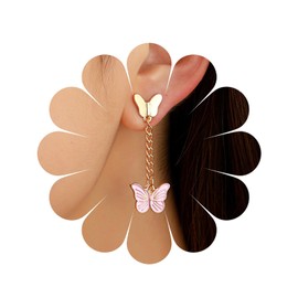 Gold Butterfly Chain Long Dangle Earrings Pink Butterfly Earrings Gold Metal Long Butterfly Tassel Earrings Jewellery for Women and Girls, Zinc, Cubic Zirconia