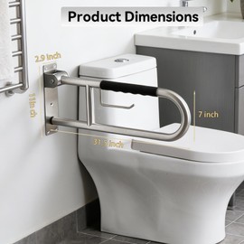 31.5 Inch Toilet Grab Bar, Brushed Nickel Flip-Up Bathroom Grab Bar with Paper Holder, Non-Slip Soft Silicone Grips Handicap Grab Bars, 304 Stainless Steel Handicap Grab Bars for Elderly, Disabled