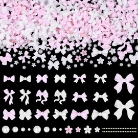 450 Pcs 3D Bows Nail Charms, 10 Styles Flatback Tie Bow Nails Art Charms Flowers, 2-5 mm Half Round Nail Art Pearls, Bowknot Bow Charms for Nail Art Jewels Design DIY Supplies Accessories (Pink White)