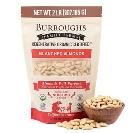 Burroughs Family Farms 2lb USDA Organic Blanched Almonds – First Regenerative Organic Certified Farm – Gluten-Free, Non-GMO, Vegan, Paleo & Keto-Friendly Almond Nuts – High in Protein & Nutrients Versus Other Nuts, Great for Almond Milk