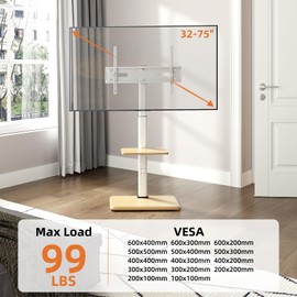 Rolling TV Stand with Hidden Wheels, Mobile TV Cart for 32-75 Inch TVs up to 99 lbs, TV Stand with Swivel and Height Adjustment, Floor TV Mount Stand with Wood Base