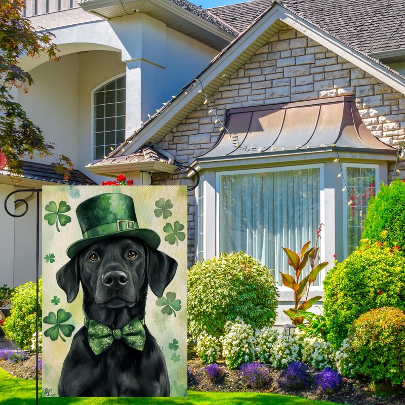 Wordatu Happy St. Patrick's Day Black Labrador Dog Garden Flag