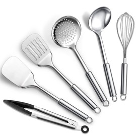 ReaNea ReaNea Stainless Steel Cooking Utensils Set 6 Pieces, Kitchen Tools Set Include Metal Spatula Set, Skimmer, Ladle, Tong, Whisk, Kitchen Gadgets Essentials New Home Must Have