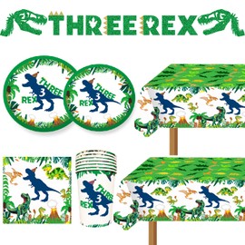 Dinosaur Birthday Party Supplies 3 Year Old Boy Three Inspired Rex Plates Napkins and Cups Banners Table Cloth Three Dino-Rex Birthday Party Decorations for Boys T-Rex 3 Rex Dinosaur Birthday Party Supplies
