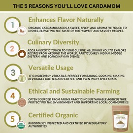 SPICY ORGANIC Cardamom Loose Cut and Shifted – 16 OZ - USDA Certified Organic Cardamom – Perfect for Tea, Baking, Spice Mixes & Beverages.