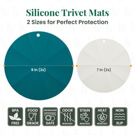 Larder & Vine Silicone Trivets for Hot Pots and Pans | Set of 4 Round Hot Pads for Kitchen | 7” & 9” Trivets for Hot Dishes | Heat-Resistant Silicone Mats for Kitchen Counter | Bondi/French Gray