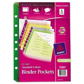 Avery 75307 Small Binder Pockets, Standard, 7-Hole Punched, Assorted, 5 1/2 x 9 1/4, 5/Pack