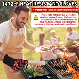 BBQ Gloves 4 Pack,Cut-Resistant Gloves 1472°F Heat Resistant Grilling Gloves, Silicone Non-Slip Kitchen Gloves for BBQ, Cooking, Baking, Frying, Camping (Black & Red, Silicone Heat-Resistant Brush X2)