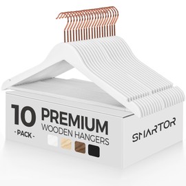 Smartor Wooden Hangers 10 Pack, Sturdy Coat Hangers for Closet, Quality Non Slip Hangers, Premium Heavy Duty Hangers, Durable Coat Hanger, Pants Hanger, Suit Hangers, with 360° Rose Gold Hook, White