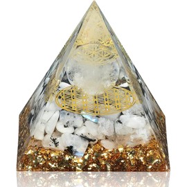 FASHIONZAADI Rainbow Moonstone Pyramid Flower of Life Symbol, Astrology Decor, Chakra Crystals, Rainbow Moonstone Crystal Stones, Crystal for Healing, Crystals, Positive Energy Healing Stones