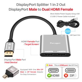 Purcopper DisplayPort to Dual HDMI Adapter (Dual 4K@60Hz), DP to HDMI Splitter, 1 DP Male to 2 HDMI Female, for Dual Monitors, PC, Graphics Card